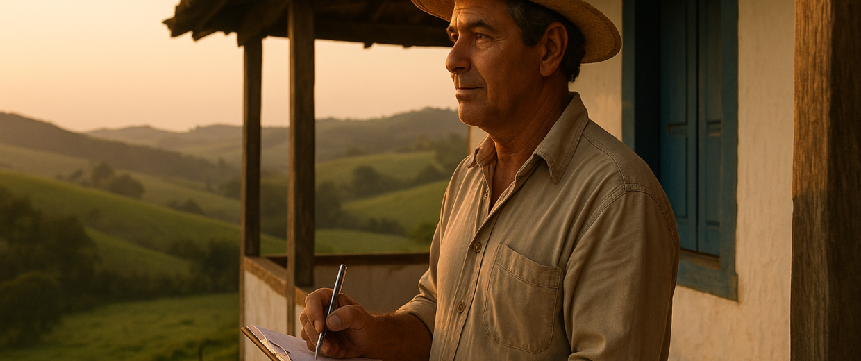 Produtor rural em Barbacena revisando rotina contábil-fiscal com ITR, LCDPR e DIRPF em dia